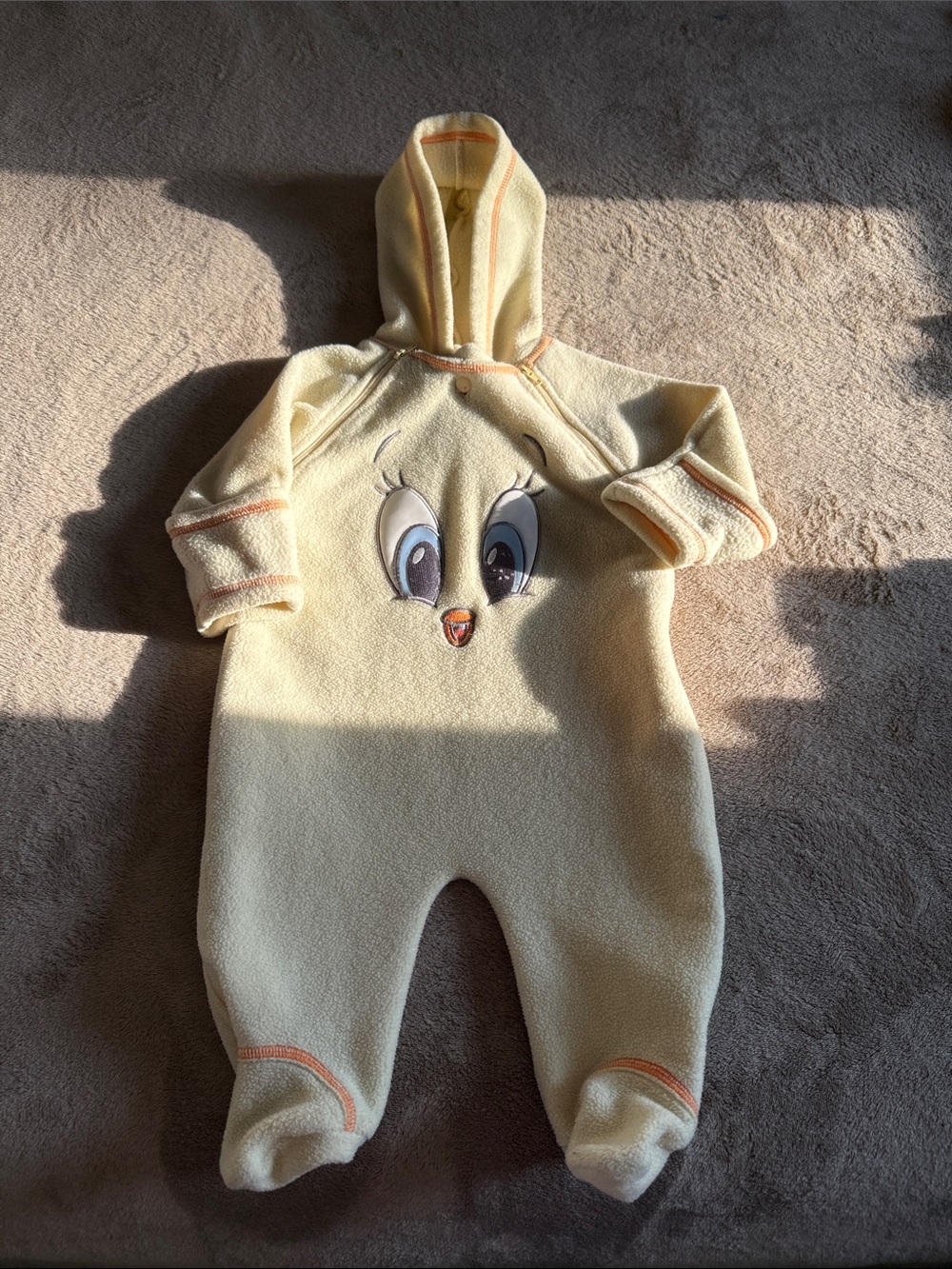 Yellow Hooded Baby Footed One-Piece with Character Face